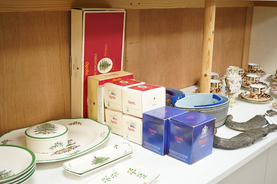 A Spode table service, Christmas Tree pattern. S 3324 to include a set of four bowls, platter and dishes, with some boxes, largest 36cm wide